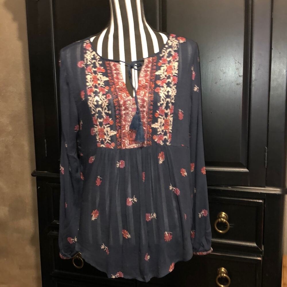 Lucky Brand Los Angeles Boho Hippie Cottagecore Blue Peasant Festival Top